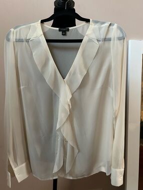 Ann Taylor Cream Ruffle Front Long-Sleeve Blouse